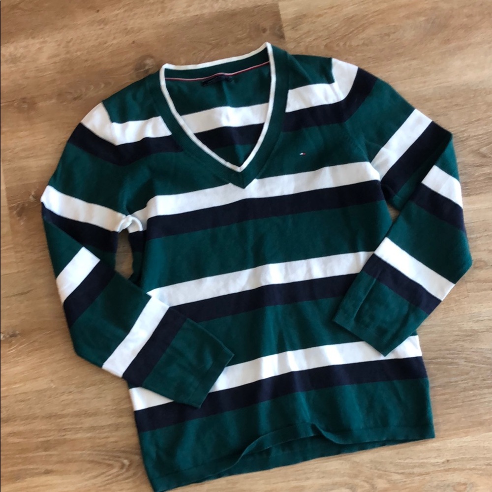Tommy Hilfiger Green White Blue V-Neck Sweater